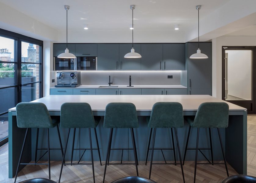 Modern kitchen and break-out area, created by Open team in Elsley House, Fitzrovia.