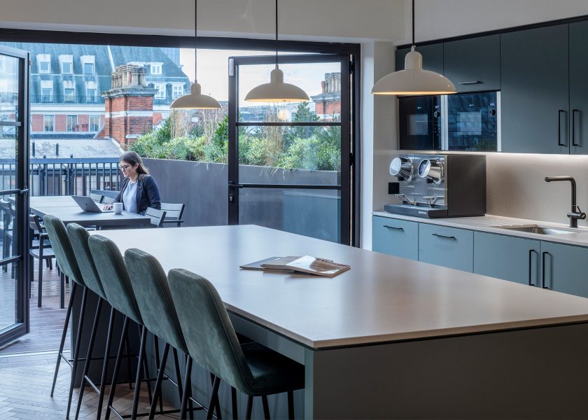 Modern furniture design for kitchen of an office and outdoor terrace.