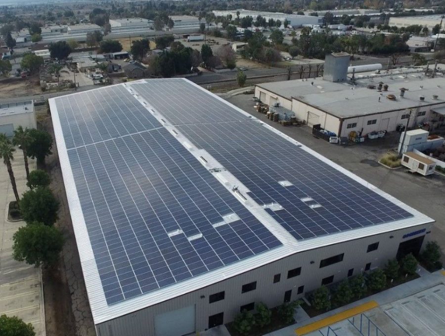 Industrial green build with solar panels.