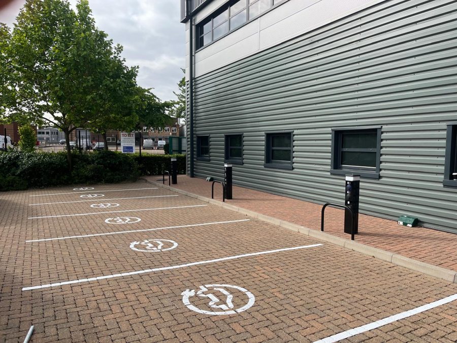 warehouse refurbishment with EV chargers installed